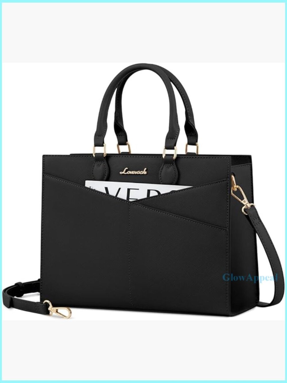 Black PU Leather Satchel Tote Bag with Adjustable Crossbody Strap